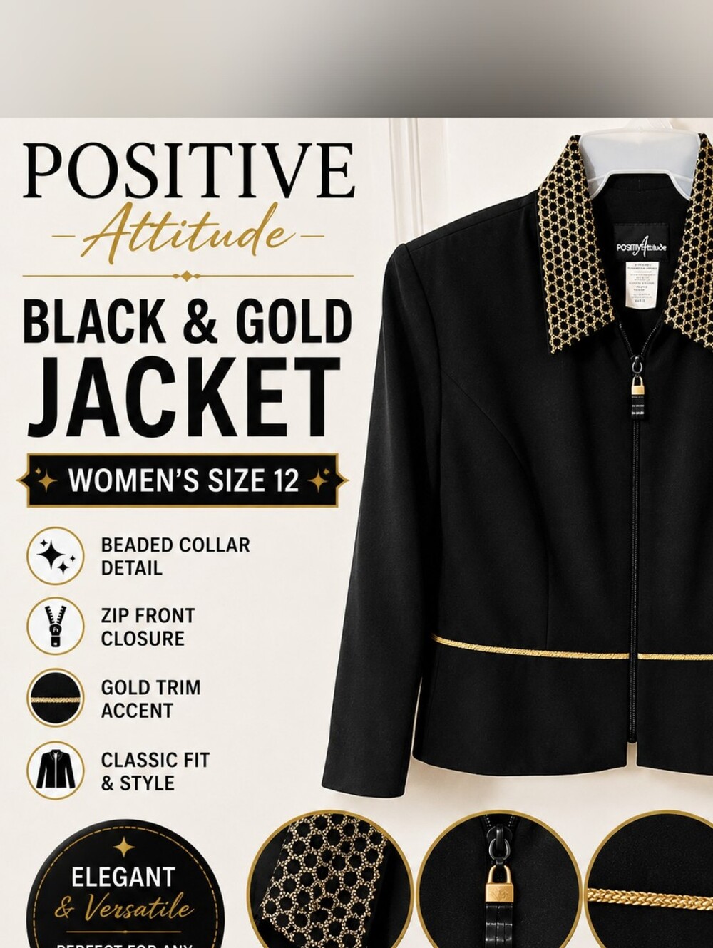 Women’s Size 12 Positive Attitude Black Gold Beaded Collar Zip Jacket
